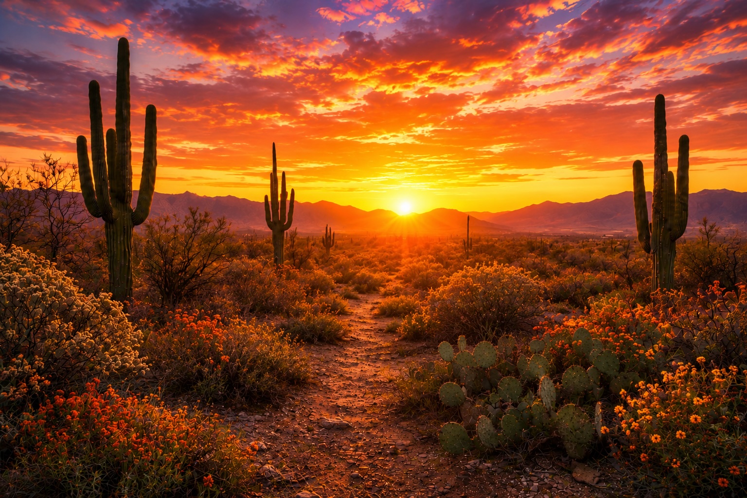 Arizona sunset over saguaro cacti and desert mountains